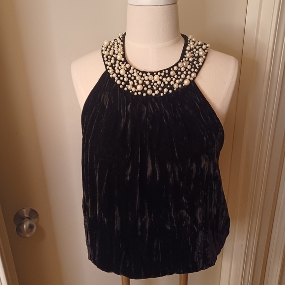 SUNNY LEIGH Crushed velvet tank top with pearl-accented collar, women’s sz XL - Picture 1 of 6